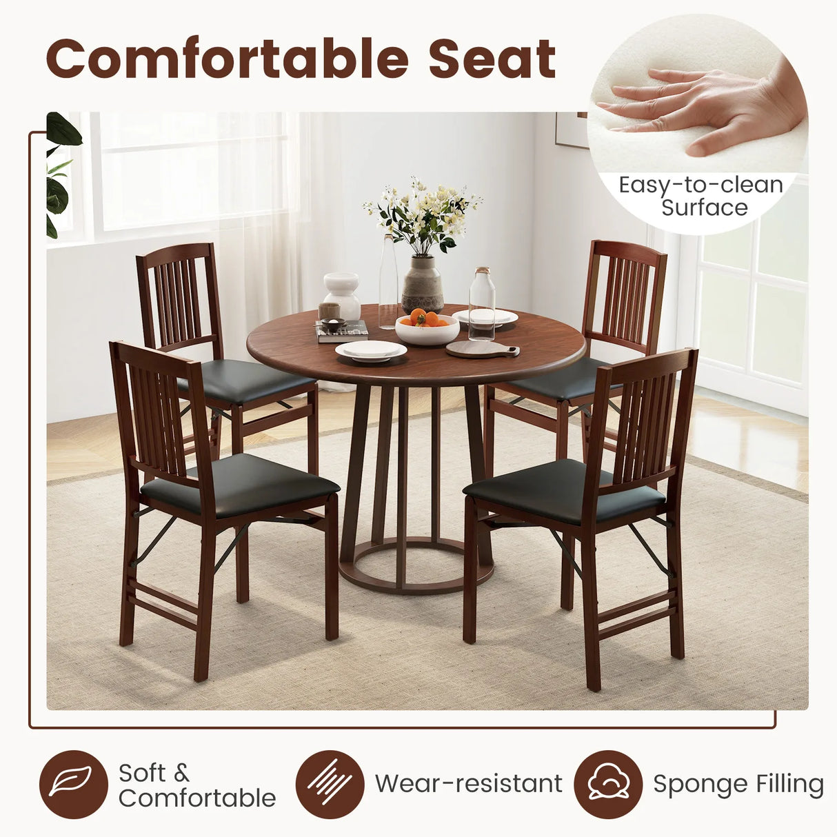Set of 2 Foldable Upholstered Kitchen Chairs with Padded Seat-Brown