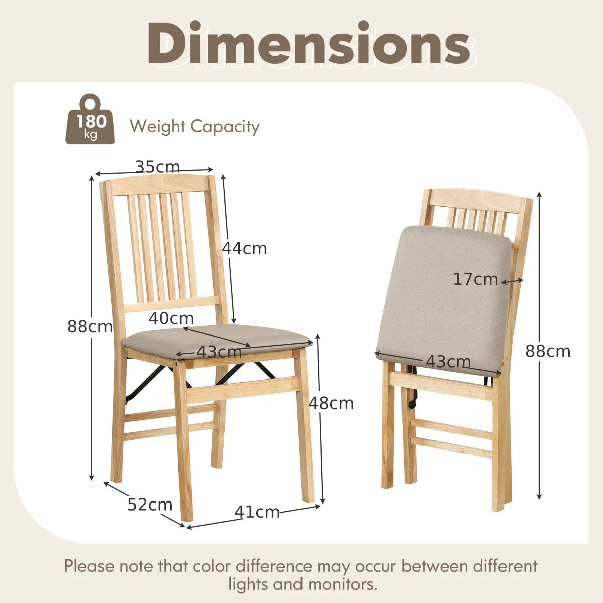 Folding Dining Chairs Set of 2 Upholstered Kitchen Chairs with Padded Seat-Beige