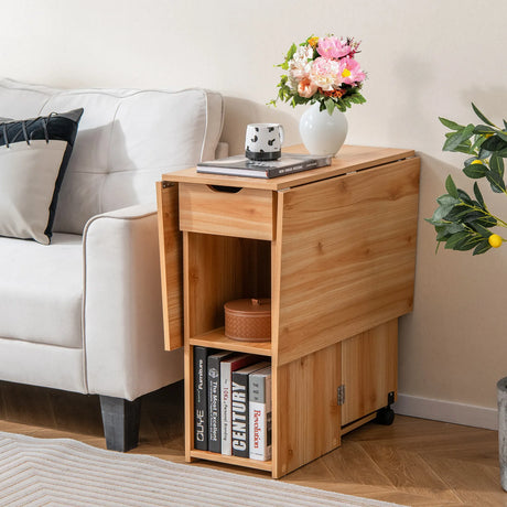 Folding Dining Table with 2 Wheels for Small Spaces-Natural