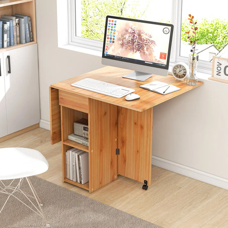 Folding Dining Table with 2 Wheels for Small Spaces-Natural