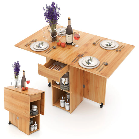 Folding Dining Table with 2 Wheels for Small Spaces-Natural