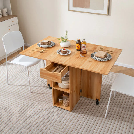 Folding Dining Table with 2 Wheels for Small Spaces-Natural