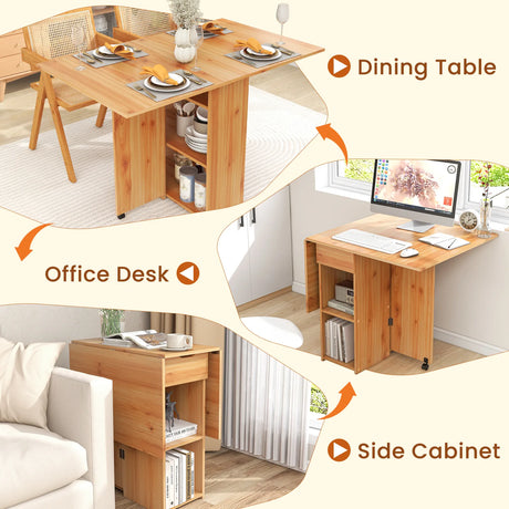 Folding Dining Table with 2 Wheels for Small Spaces-Natural