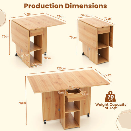 Folding Dining Table with 2 Wheels for Small Spaces-Natural