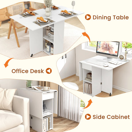 Folding Dining Table with 2 Wheels for Small Spaces-White