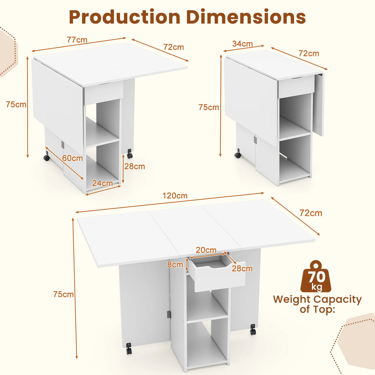 Folding Dining Table with 2 Wheels for Small Spaces-White
