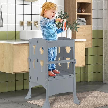 Folding Height Adjustable Kids Step Stool with Safety Latches-Grey