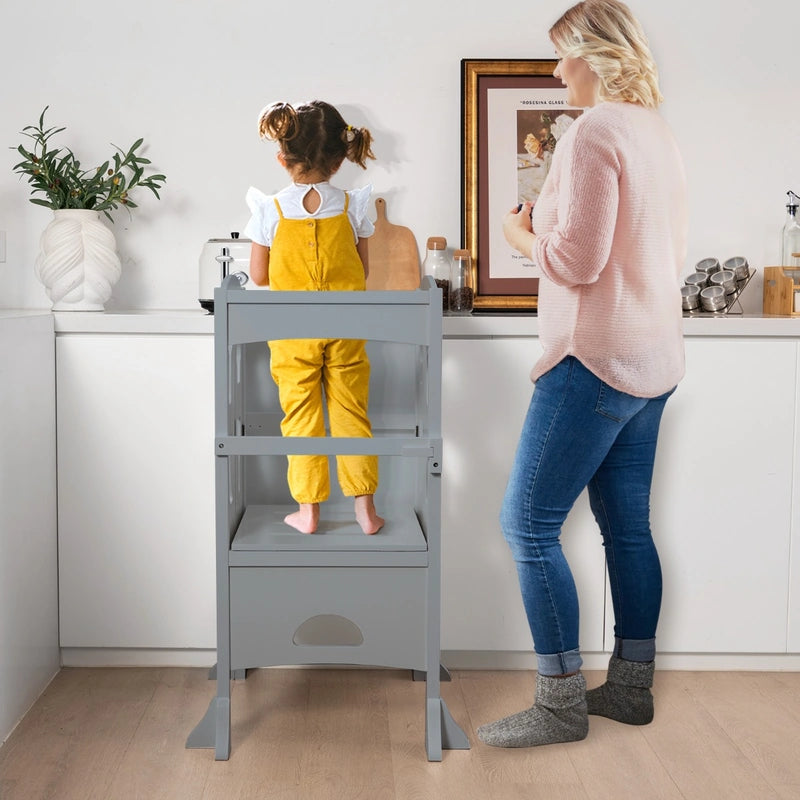 Folding Height Adjustable Kids Step Stool with Safety Latches-Grey