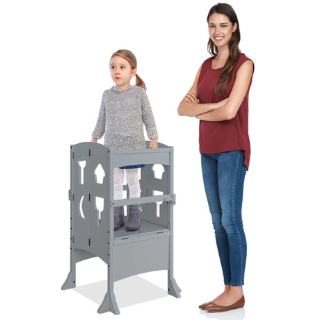 Folding Height Adjustable Kids Step Stool with Safety Latches-Grey
