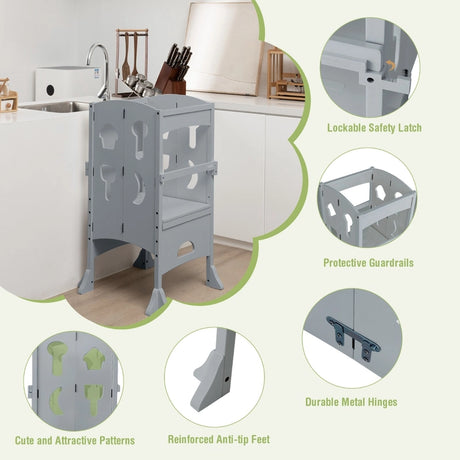Folding Height Adjustable Kids Step Stool with Safety Latches-Grey