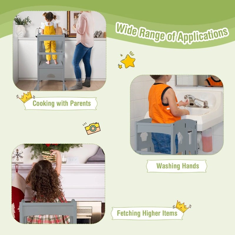 Folding Height Adjustable Kids Step Stool with Safety Latches-Grey