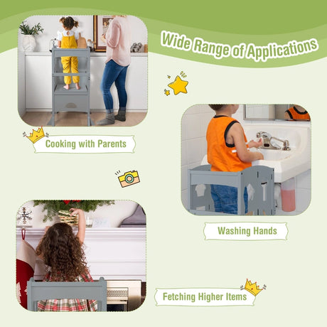 Folding Height Adjustable Kids Step Stool with Safety Latches-Grey