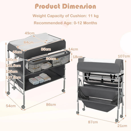 Folding Nursery Changing Table with Lockable Wheels and Storage Basket-Grey