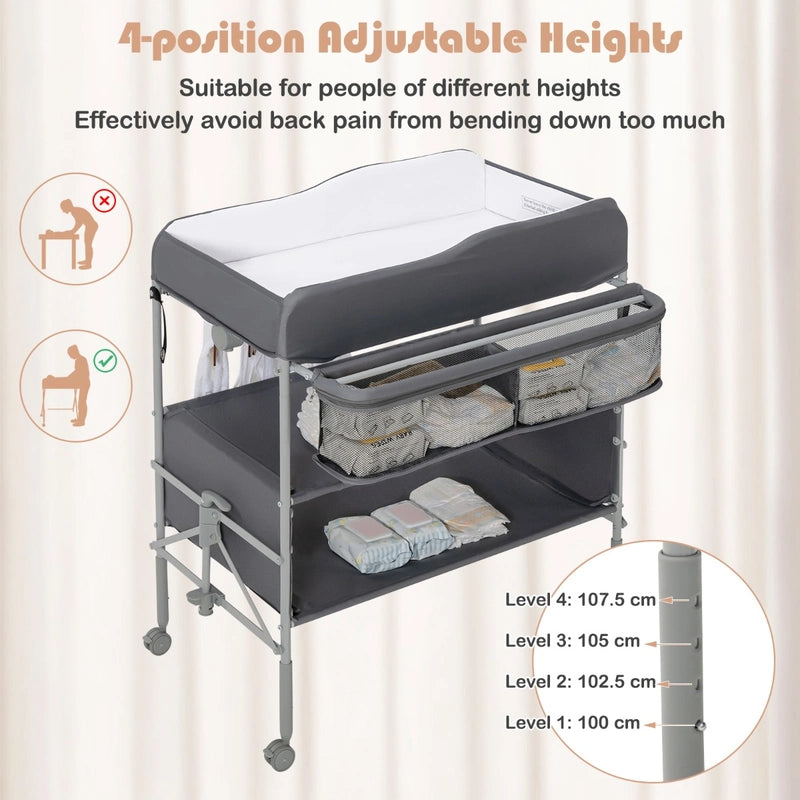 Folding Nursery Changing Table with Lockable Wheels and Storage Basket-Grey