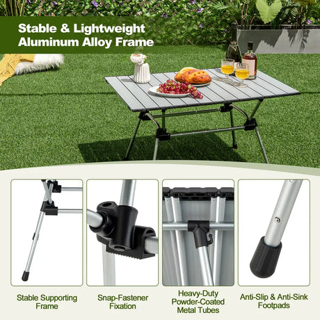 Folding Heavy-Duty Aluminum Camping Table with Carrying Bag-Silver