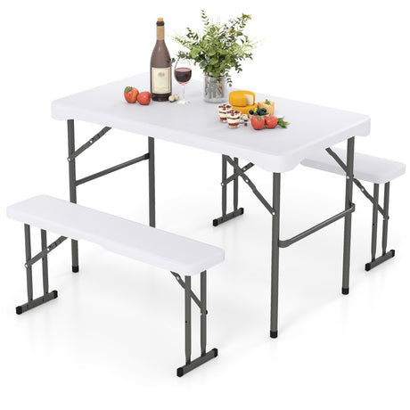 Foldable beer tent set including 2 beer benches &amp; 1 beer table 3-piece beer table set white