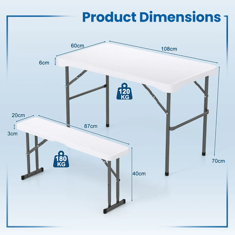 Foldable beer tent set including 2 beer benches &amp; 1 beer table 3-piece beer table set white