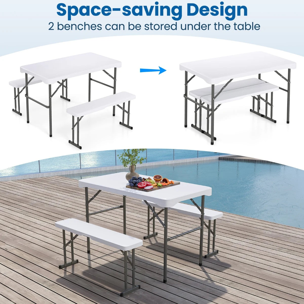 Foldable beer tent set including 2 beer benches &amp; 1 beer table 3-piece beer table set white