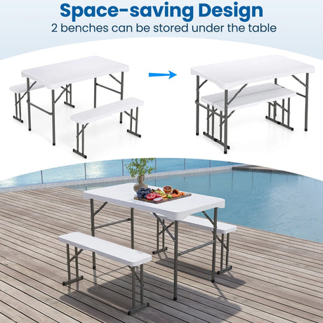 Foldable beer tent set including 2 beer benches &amp; 1 beer table 3-piece beer table set white