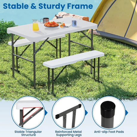 Foldable beer tent set including 2 beer benches &amp; 1 beer table 3-piece beer table set white