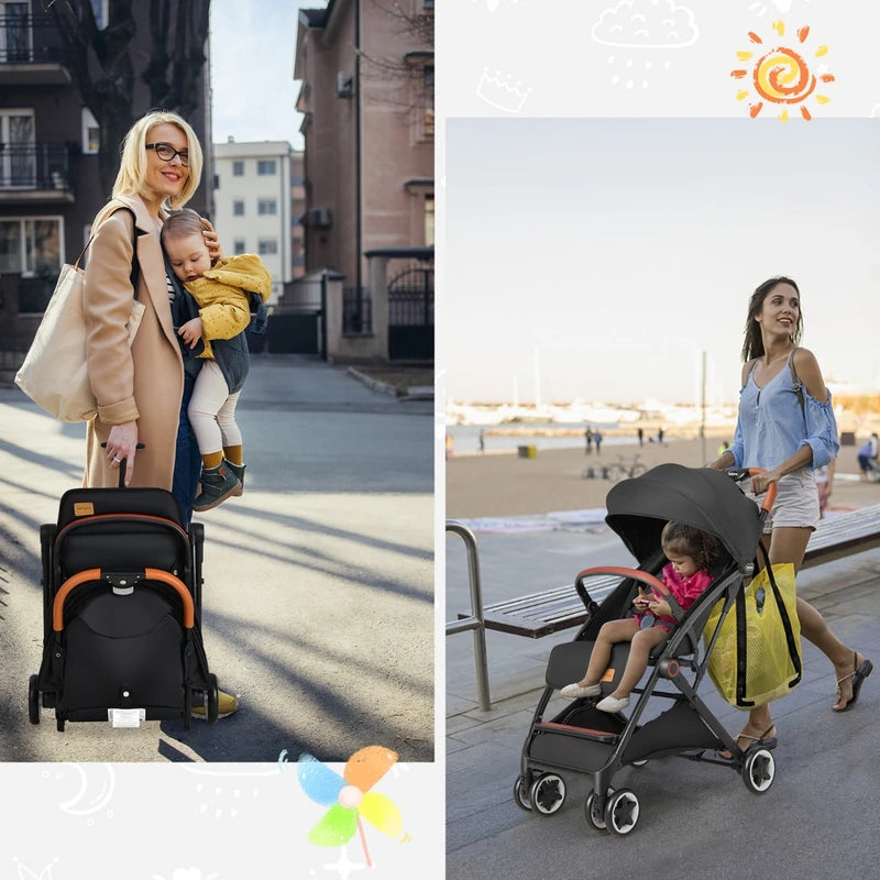 Folding Pushchair with Adjustable Backrest and Footrest-Black