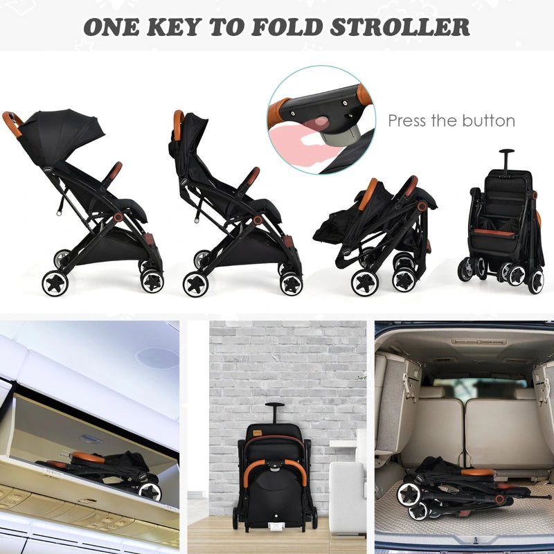 Folding Pushchair with Adjustable Backrest and Footrest-Black