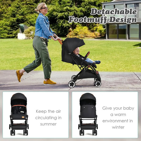 Folding Pushchair with Adjustable Backrest and Footrest-Black