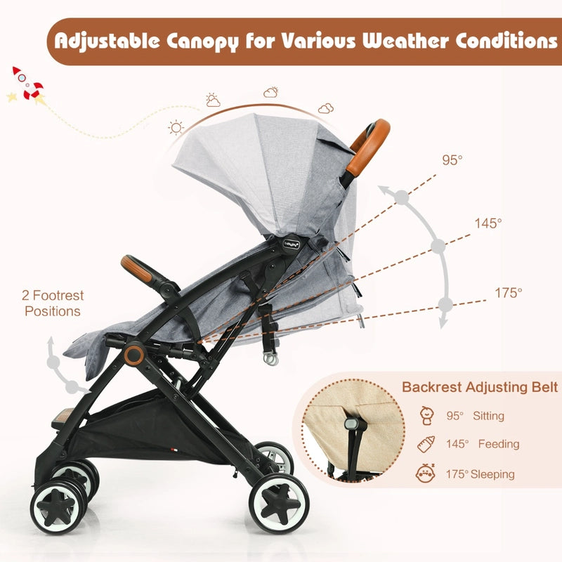 Folding Pushchair with Adjustable Backrest and Footrest-Grey