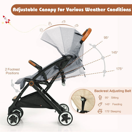 Folding Pushchair with Adjustable Backrest and Footrest-Grey