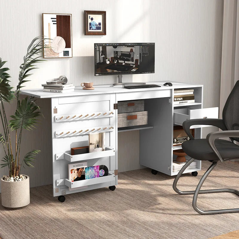 Folding Sewing Table with Storage Shelves and Trays-White