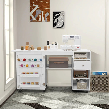 Folding Sewing Table with Storage Shelves and Trays-White