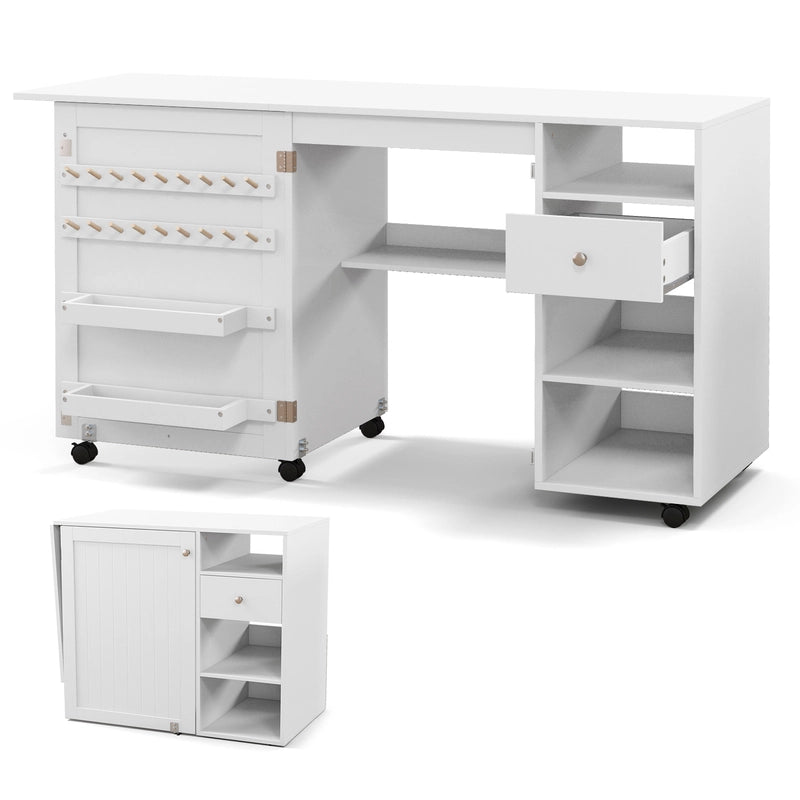 Folding Sewing Table with Storage Shelves and Trays-White