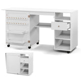 Folding Sewing Table with Storage Shelves and Trays-White