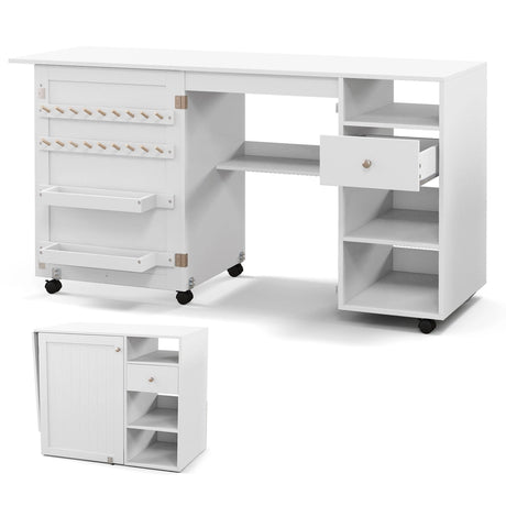 Folding Sewing Table with Storage Shelves and Trays-White
