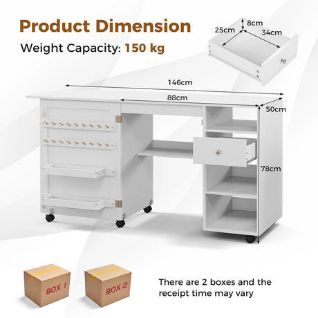 Folding Sewing Table with Storage Shelves and Trays-White