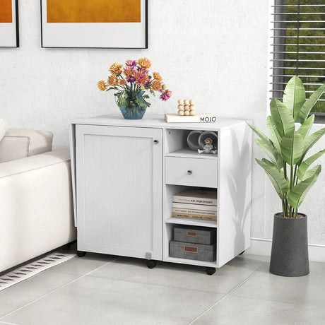 Folding Sewing Table with Storage Shelves and Trays-White