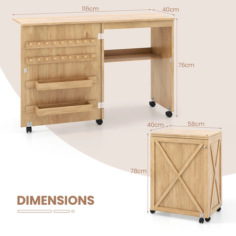 Folding Sewing Table with Storage Shelf and 5 Lockable Wheels-Natural