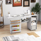 Multifunctional Sewing Machine Craft Station with Storage Shelves-White