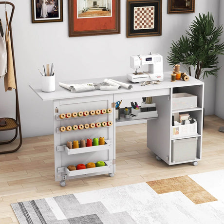 Multifunctional Sewing Machine Craft Station with Storage Shelves-White