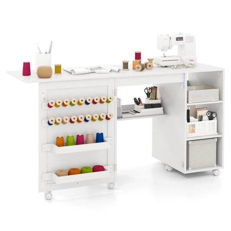 Multifunctional Sewing Machine Craft Station with Storage Shelves-White