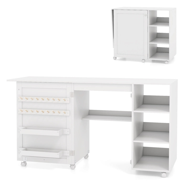 Multifunctional Sewing Machine Craft Station with Storage Shelves-White