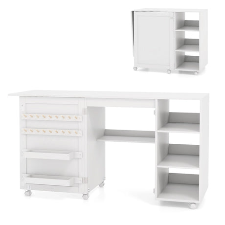 Multifunctional Sewing Machine Craft Station with Storage Shelves-White