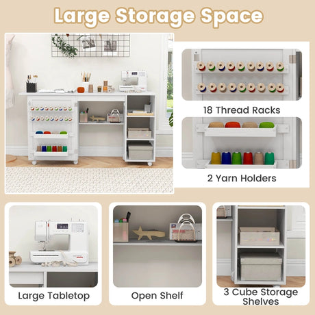 Multifunctional Sewing Machine Craft Station with Storage Shelves-White