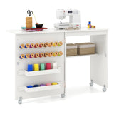 Folding Sewing Table with Storage Shelf and 5 Lockable Wheel-White