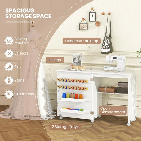 Folding Sewing Table with Storage Shelf and 5 Lockable Wheel-White