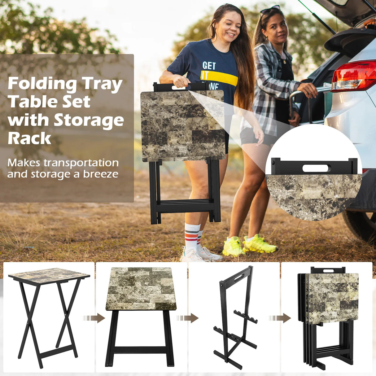 Set of 4 folding garden tables, weatherproof outdoor bistro tables made of wood, 48 x 40 x 67 cm, black