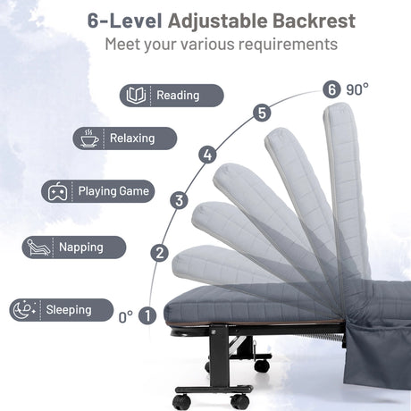 Adjustable Folding Guest Bed Frame with Mattress and Wheels-Gray