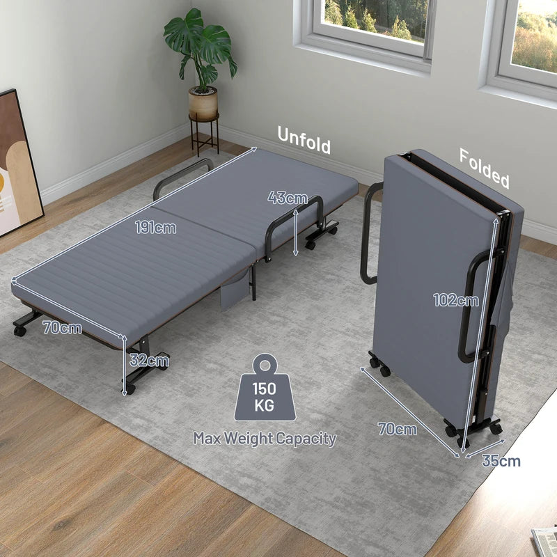 Adjustable Folding Guest Bed Frame with Mattress and Wheels-Gray