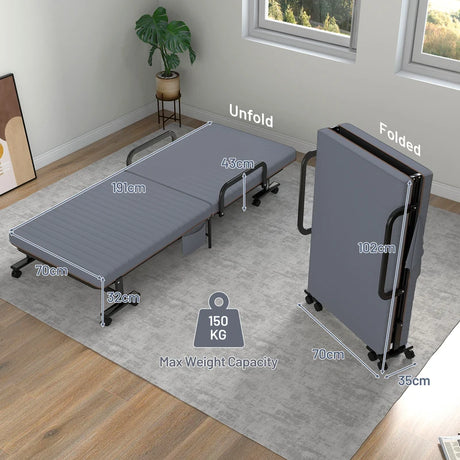 Adjustable Folding Guest Bed Frame with Mattress and Wheels-Gray