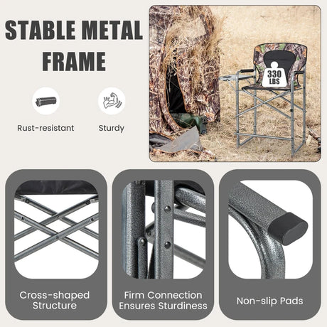 Folding Tall Hunting Chair with Side Table, Detachable Footrest, Cup Holder